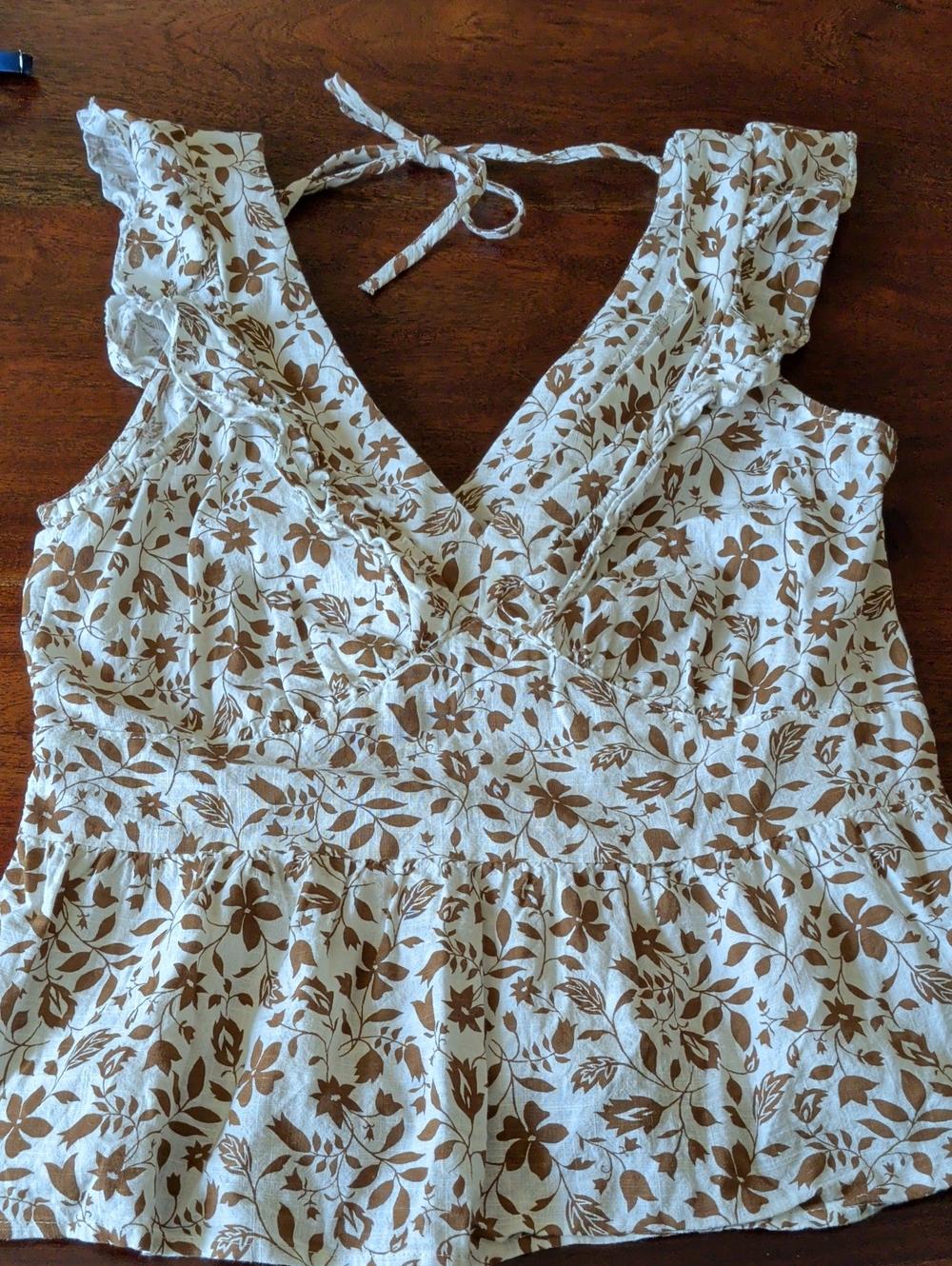 Old Navy White and Brown Floral Ruffled V-Neck Tank Top